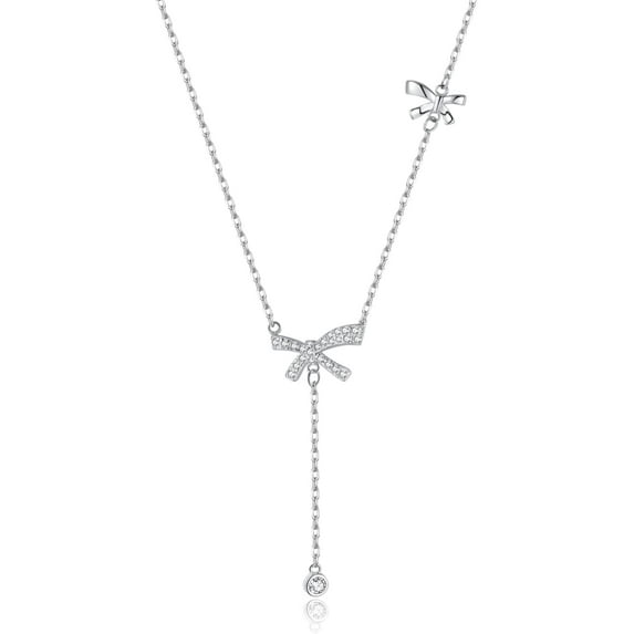 925 Sterling Silver Bow Y Necklace for Women Teens Cubic Zirconia Bow Y Necklace Pendant Bow Chain Necklace