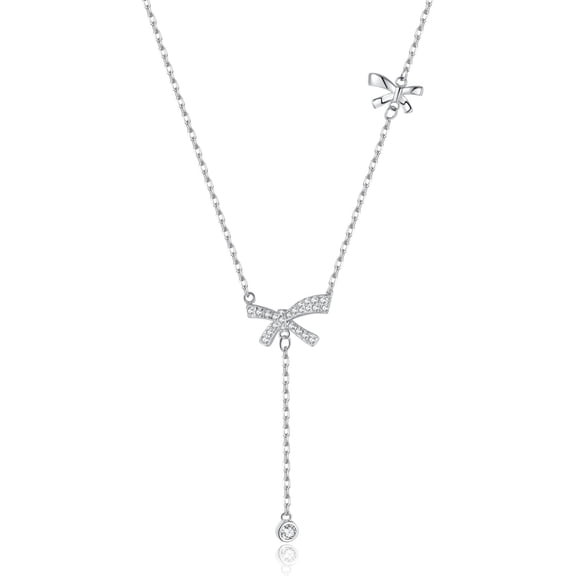 925 Sterling Silver Bow Y Necklace for Women Teens Cubic Zirconia Bow Y Necklace Pendant Bow Chain Necklace