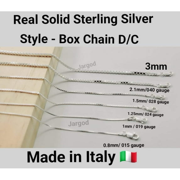 925 Sterling Silver Box Chain Diamond Cut Chain Necklace 24 Gauge/1.25mm Italy Jargod