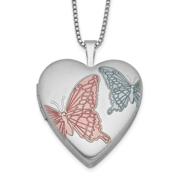 925 Sterling Silver Box Necklace with Pendants Chain RH-plated 20mm Enamel Butterflies Heart Locket 18 inch 19.6 mm