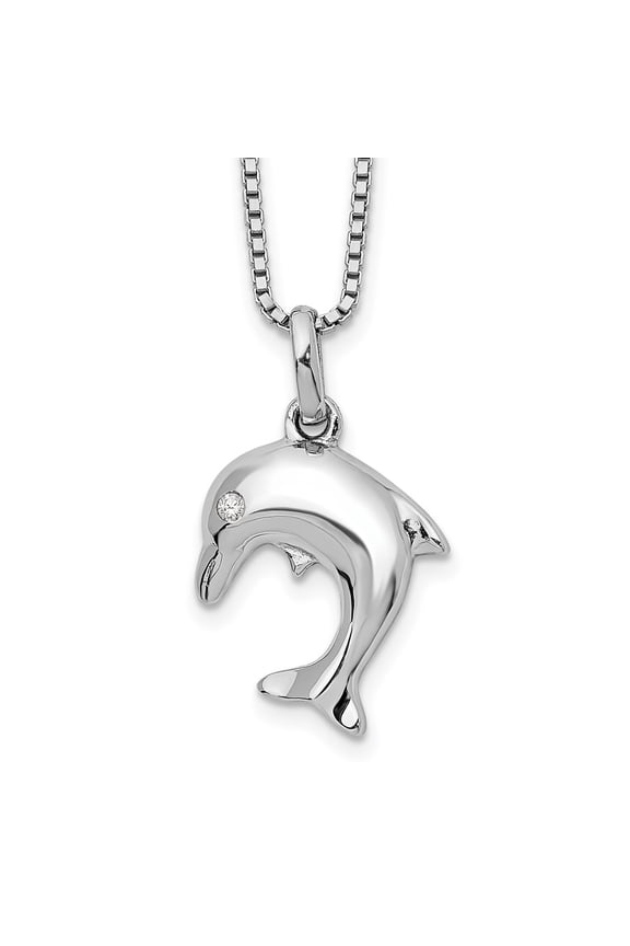 925 Sterling Silver Box Themed Necklace Chain White Ice 18 Inch Diamond Dolphin with 2 Extender 15 mm
