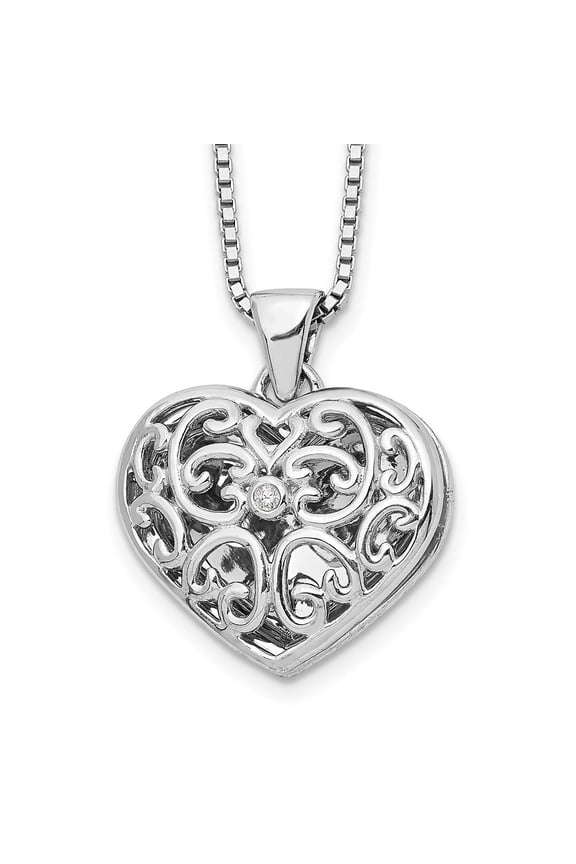 925 Sterling Silver Box Themed Necklace Chain White Ice 18 Inch Diamond Filigree Heart Locket with 2 Extender 20 16.9 mm