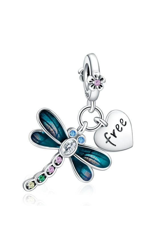 925 Sterling Silver Bracelet Charm Enamel Dragonfly Heart Dangle Charm