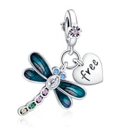 NINGAN 925 Sterling Silver Bracelet Charm Enamel Dragonfly Heart Dangle Charm