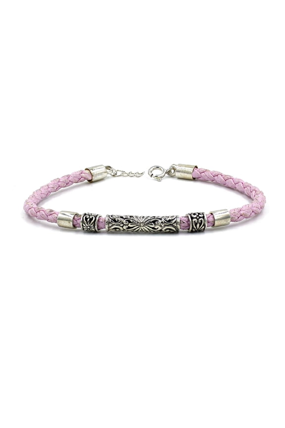 925 Sterling Silver Bracelet for Women, Handmade Pink Leather with Filigree Design, Fashion Jewelry Gift
