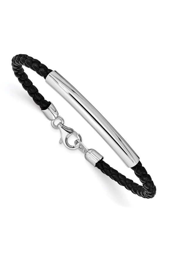 925 Sterling Silver Braided Black Leather Bracelet Fine Jewelry For Women Gifts For Her, 7"