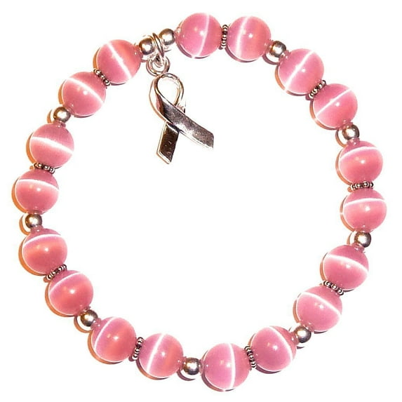 .925 Sterling Silver Breast Cancer Awareness Bracelet by Hidden Hollow Beads - Stretch Bracelet Fits All - 8mm