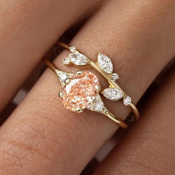 925 Sterling Silver Bridal Rings Sets AAA Pink Cubic Zirconia Full Diamond Engagements Rings Wedding 2 Pcs Promise Anniversary White Gold Rings for Women Size 8