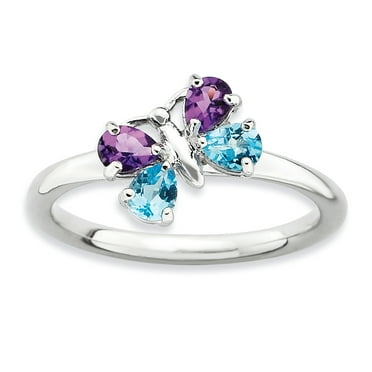 925 Sterling Silver Bt Am Butterfly Band Ring Size 8.00 Stackable Birthstone Gemstone February Amethyst December Blue Topaz Multiple Fine Jewelry Ideal Gifts For Women Gift Set From Heart