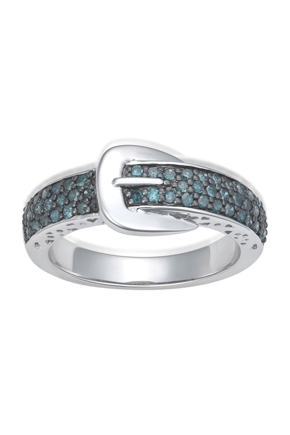 925 Sterling Silver Buckle Design Ring for Women with 0.50 Carat TW Natural Blue Diamond Accents, White Gold Plated, I1-I2 Clarity (Size- 5)
