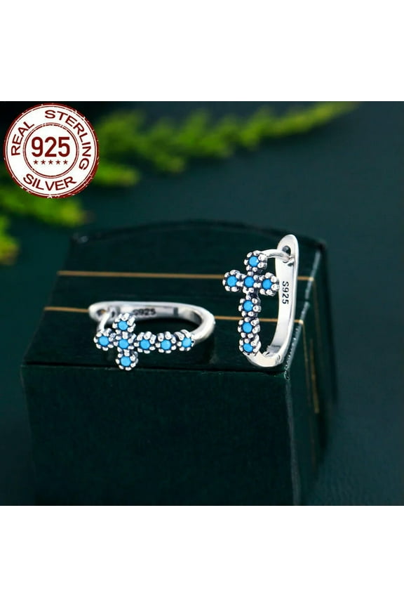 925 Sterling Silver Buckles U Shaped Turquoise Religious Cross Hoop Earrings