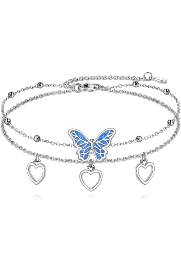 925 Sterling Silver Butterfly Anklet for Women with Created Opal 2 Layered Heart Anklets Adjustable Beach Foot Ankle Bracelet Beaded Chain Jewelry Gifts for Her, 9+2 Inch