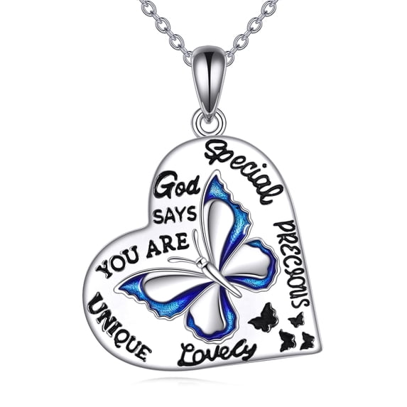 925 Sterling Silver Butterfly Necklace, Engraved 'God Says You Are Unique, Special, Lovely, Precious'