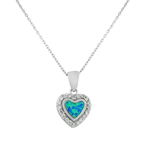 925 Sterling Silver CZ Blue Turquoise-Tone Love Heart Simulated Opal Pendant Necklace