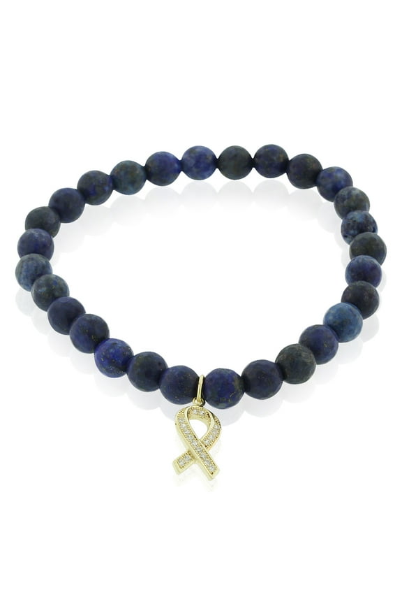 925 Sterling Silver CZ Breast Cancer Awareness Ribbon Stretch Beaded Bracelet