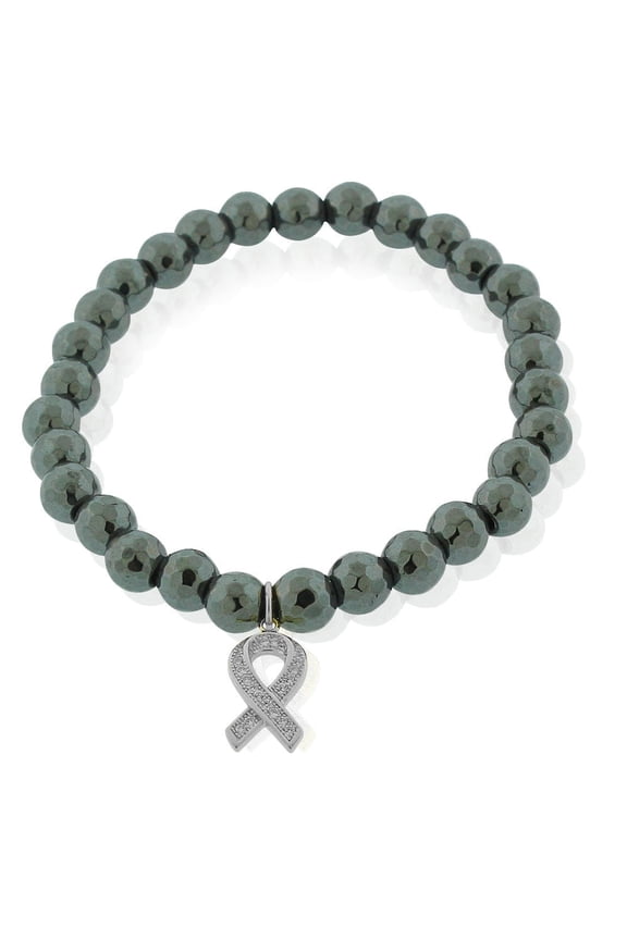 925 Sterling Silver CZ Breast Cancer Awareness Ribbon Stretch Beaded Bracelet