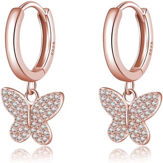 925 Sterling Silver CZ Buffterfly Hoop Earrings for Women Teens Sparkling Butterfly Hoop Earrings Huggie Drop