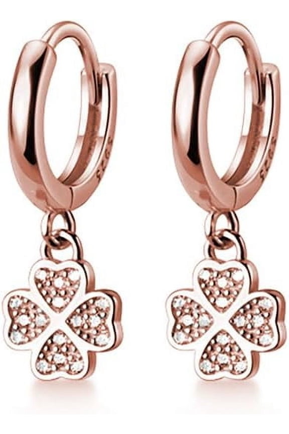 925 Sterling Silver CZ Clover Hoop Earrings Dangle for Women Teens Lucky Clover Leaf Huggie Earrings Flower Drop