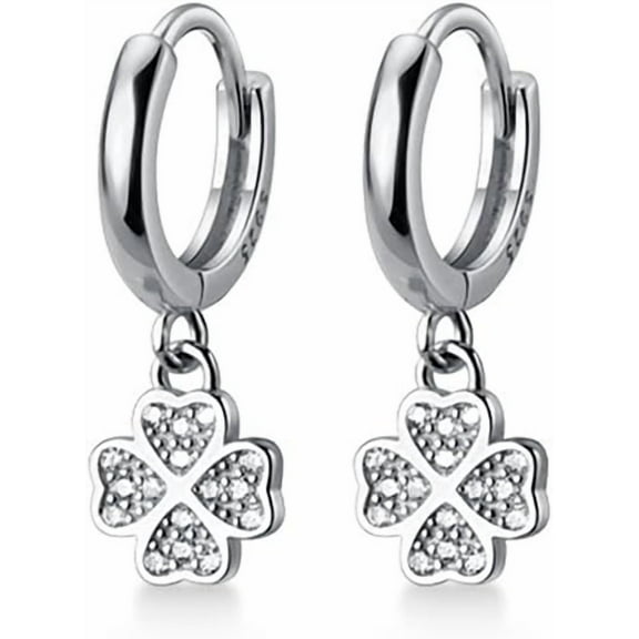 925 Sterling Silver CZ Clover Hoop Earrings Dangle for Women Teens Lucky Clover Leaf Huggie Earrings Flower Drop