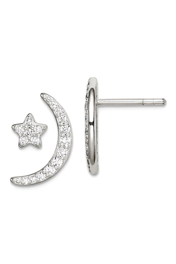 925 Sterling Silver Cubic Zirconia Celestial Moon and Star Earrings 14x10mm Wide Stud Earring for Women