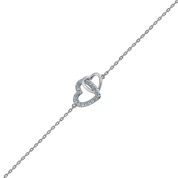 925 Sterling Silver Cubic Zirconia Double Love Hearts 1.51gm Womens Bracelet Link Bracelet for Women