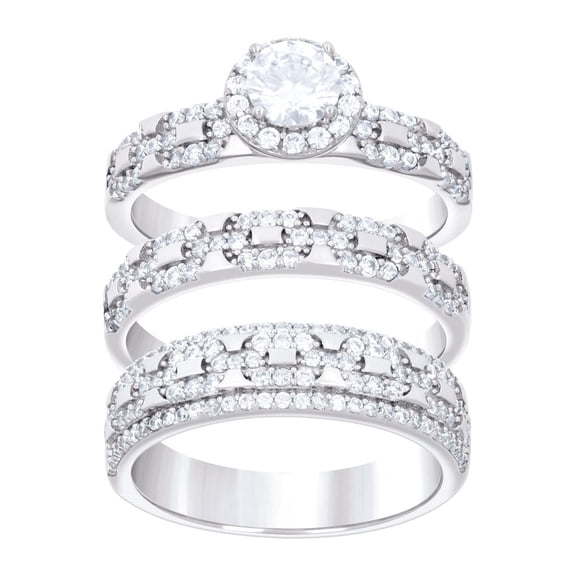 925 Sterling Silver Cubic Zirconia His and Hers Trio Ring Set Size 9 Ring for Women - 10.0 Grams