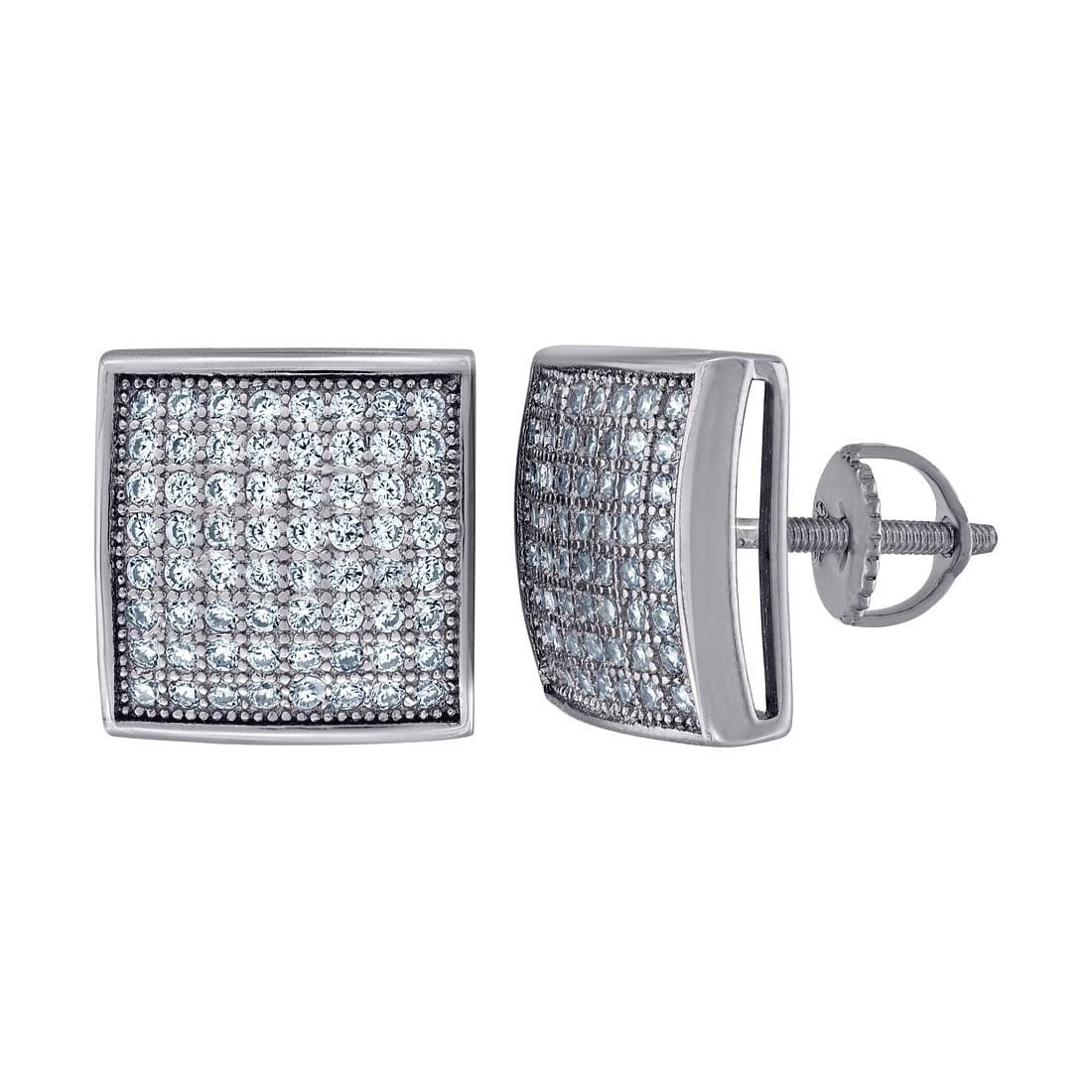925 Sterling Silver CZ Dome Square Stud Unisex Screw Back Earrings 11.2x11.2mm Wide Stud Earring for Women