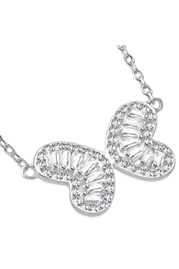 925 Sterling Silver CZ Double Heart Butterfly Necklace