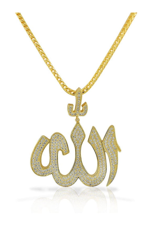 925 Sterling Silver CZ Large Hip-Hop Religious Muslim Islam God Allah Pendant Necklace