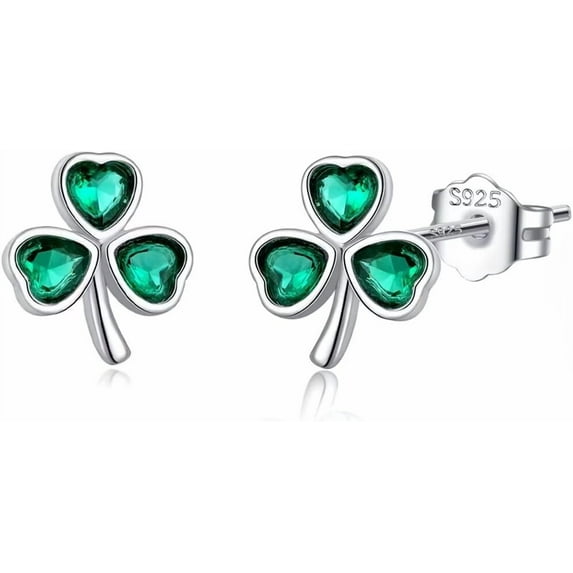 925 Sterling Silver CZ Leaf Clover Earrings Stud for Women Teens Shamrock Studs Earrings Love Clover Earrings Green for Spring