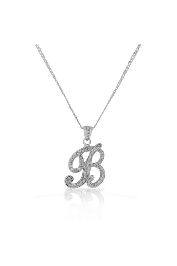 925 Sterling Silver CZ Letter Initial "B" Pendant Necklace - B