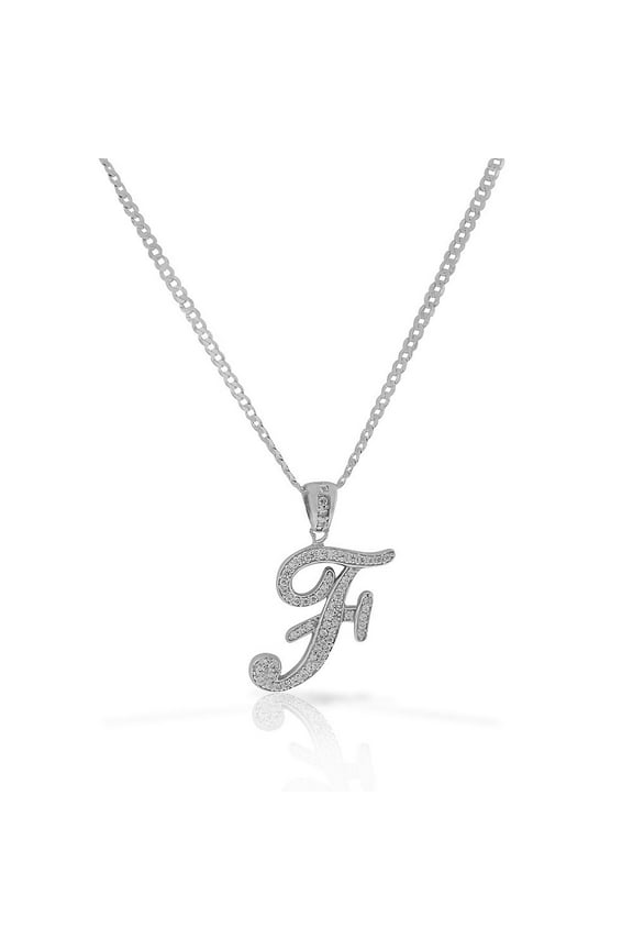 925 Sterling Silver CZ Letter Initial "F" Pendant Necklace - F