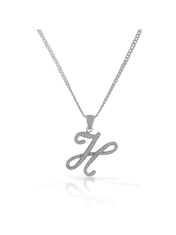 925 Sterling Silver CZ Letter Initial "H" Pendant Necklace - H