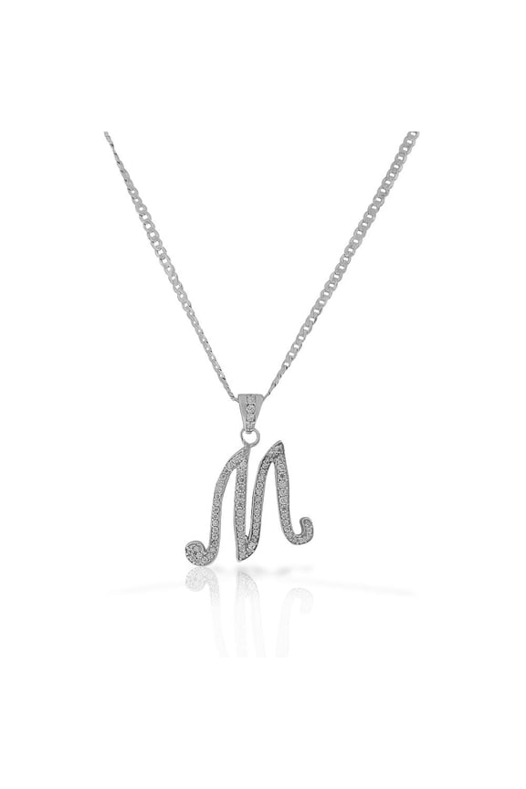925 Sterling Silver CZ Letter Initial Pendant Necklace, M