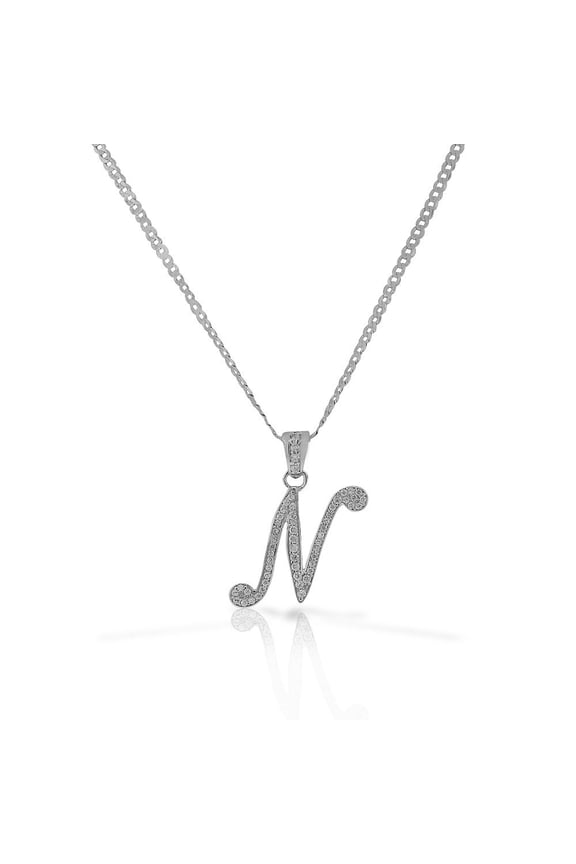 925 Sterling Silver CZ Letter Initial "N" Pendant Necklace - N