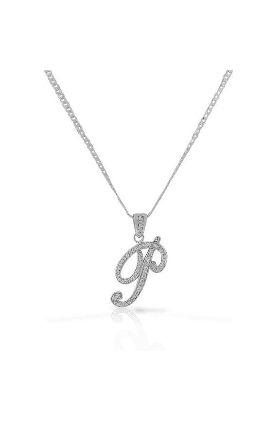925 Sterling Silver CZ Letter Initial "P" Pendant Necklace - P