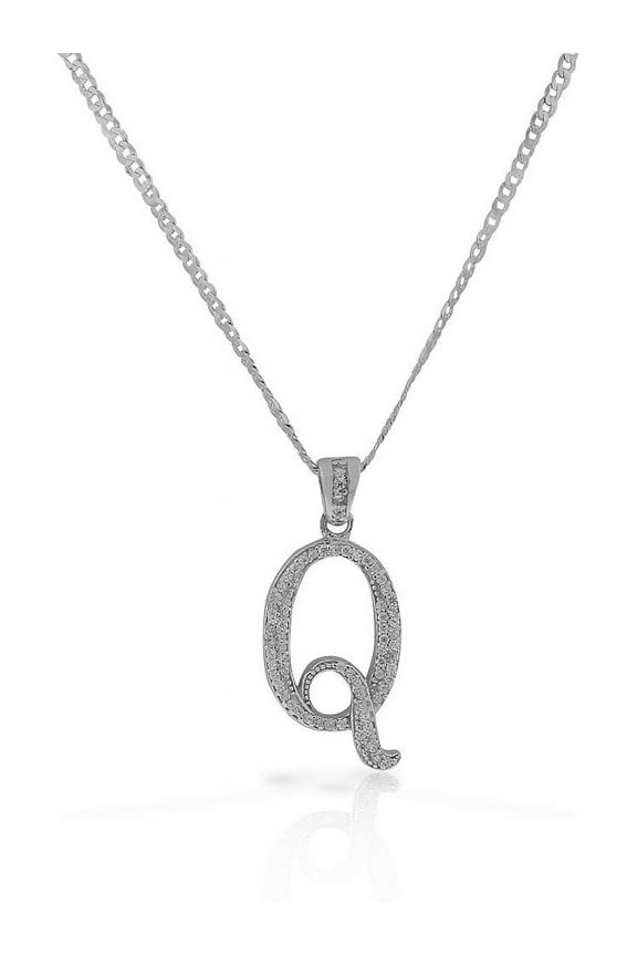 925 Sterling Silver CZ Letter Initial "Q" Pendant Necklace - Q