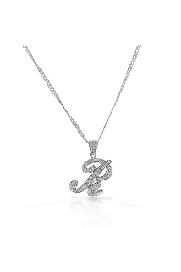 925 Sterling Silver CZ Letter Initial "R" Pendant Necklace, R