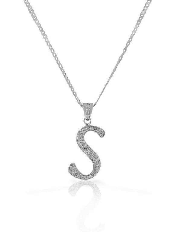 925 Sterling Silver CZ Letter Initial "S" Pendant Necklace - S