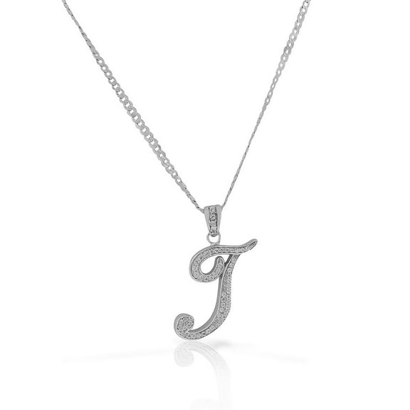 925 Sterling Silver CZ Letter Initial "T" Pendant Necklace - T