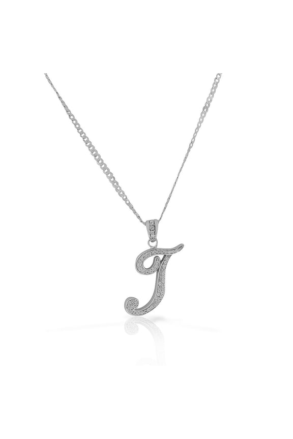 925 Sterling Silver CZ Letter Initial "T" Pendant Necklace - T