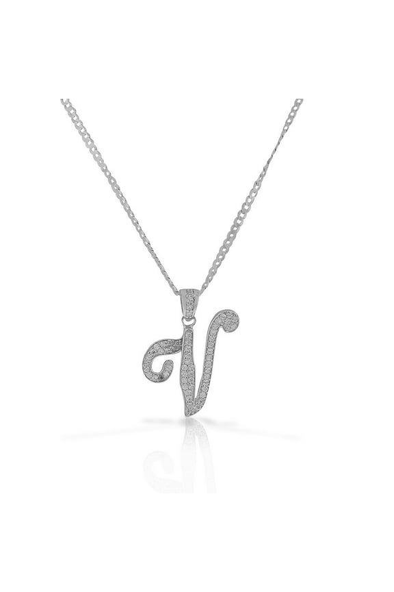 925 Sterling Silver CZ Letter Initial "V" Pendant Necklace - V