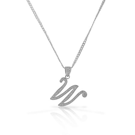 925 Sterling Silver CZ Letter Initial "W" Pendant Necklace - W