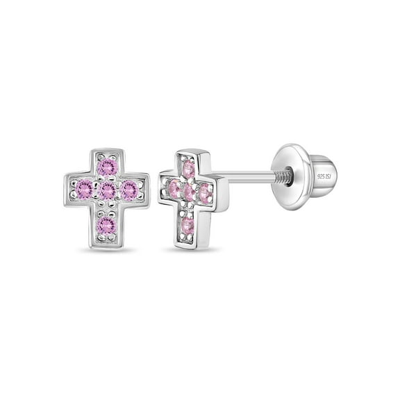 925 Sterling Silver CZ Little Cross Screw Back Earrings Toddlers Young Girls