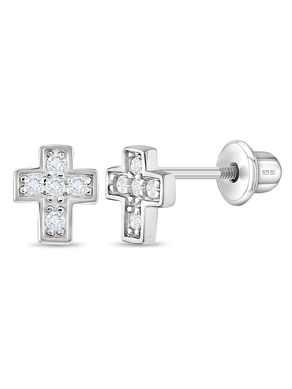 925 Sterling Silver CZ Little Cross Screw Back Earrings Toddlers Young Girls