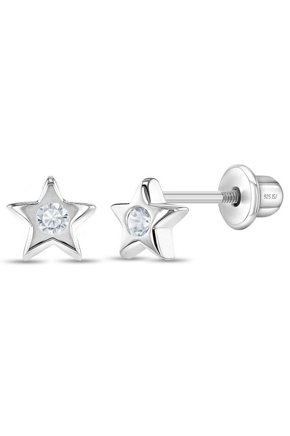 925 Sterling Silver CZ Little Star Screw Back Earrings Baby Girl Toddlers