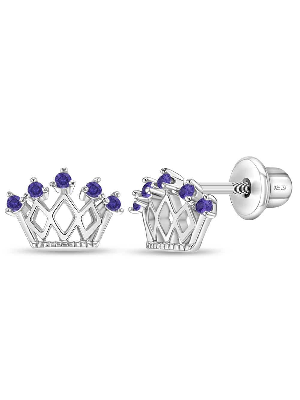 925 Sterling Silver CZ Princess Crown Screw Back Earrings Little Girls