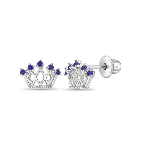 925 Sterling Silver CZ Princess Crown Screw Back Earrings Little Girls