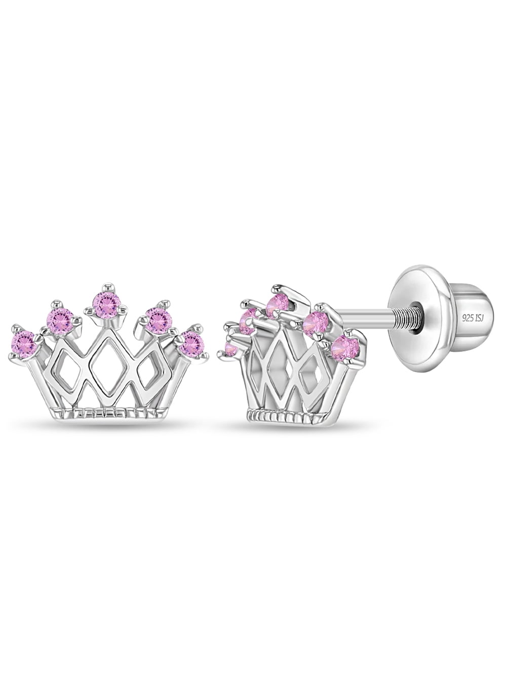 925 Sterling Silver Princess Crown CZ Screw Back Earrings Toddlers Young  Girls 