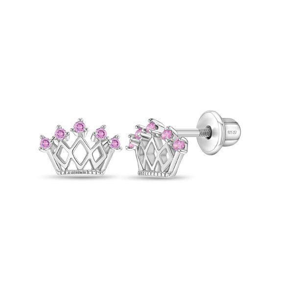 925 Sterling Silver CZ Princess Crown Screw Back Earrings Little Girls